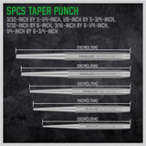 16-piece punch and chisel set with pin punches, taper punches, center punches, CR-V cold chisels, chisel gauge and canvas roll pouch