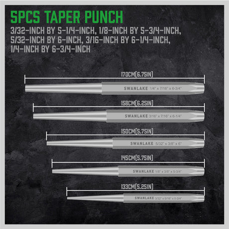 16-piece punch and chisel set with pin punches, taper punches, center punches, CR-V cold chisels, chisel gauge and canvas roll pouch