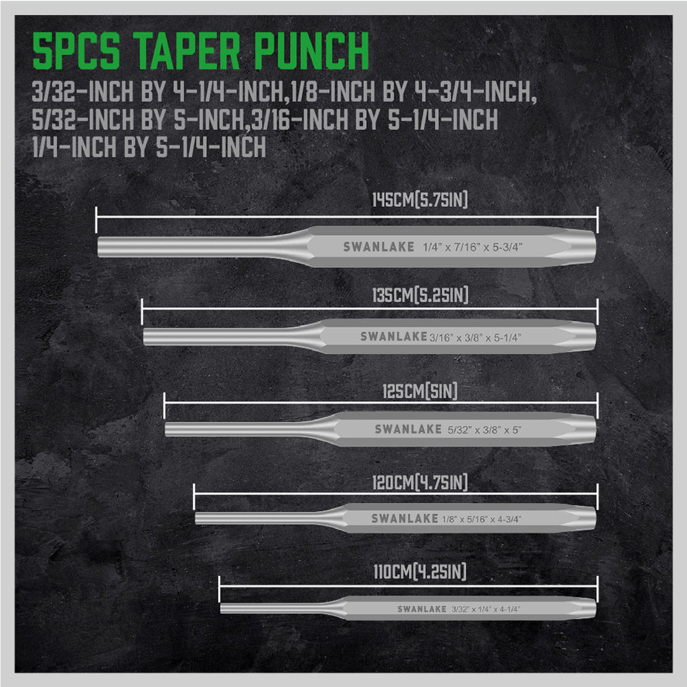 16-piece punch and chisel set with pin punches, taper punches, center punches, CR-V cold chisels, chisel gauge and canvas roll pouch