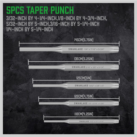 16-piece punch and chisel set with pin punches, taper punches, center punches, CR-V cold chisels, chisel gauge and canvas roll pouch