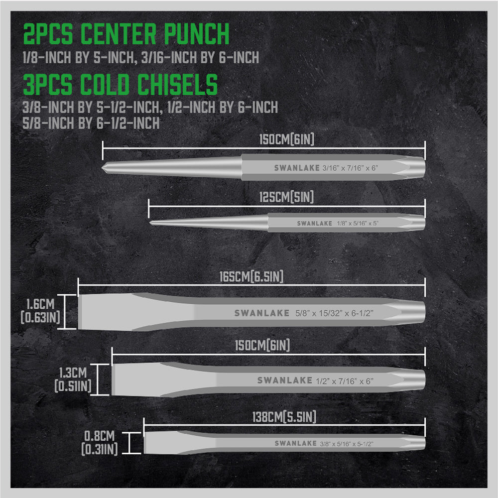 16-piece punch and chisel set with pin punches, taper punches, center punches, CR-V cold chisels, chisel gauge and canvas roll pouch