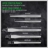 16-piece punch and chisel set with pin punches, taper punches, center punches, CR-V cold chisels, chisel gauge and canvas roll pouch
