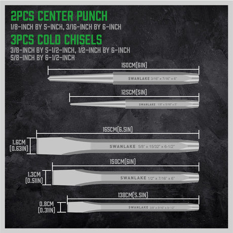 16-piece punch and chisel set with pin punches, taper punches, center punches, CR-V cold chisels, chisel gauge and canvas roll pouch