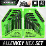 32-piece Allen key hex wrench set with SAE long arm and metric short arm hex keys, CR-V steel construction, extension handles and folding storage case