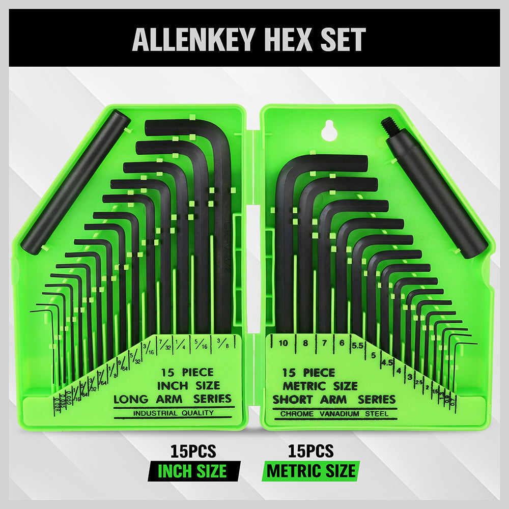 32-piece Allen key hex wrench set with SAE long arm and metric short arm hex keys, CR-V steel construction, extension handles and folding storage case