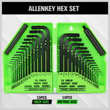 32-piece Allen key hex wrench set with SAE long arm and metric short arm hex keys, CR-V steel construction, extension handles and folding storage case