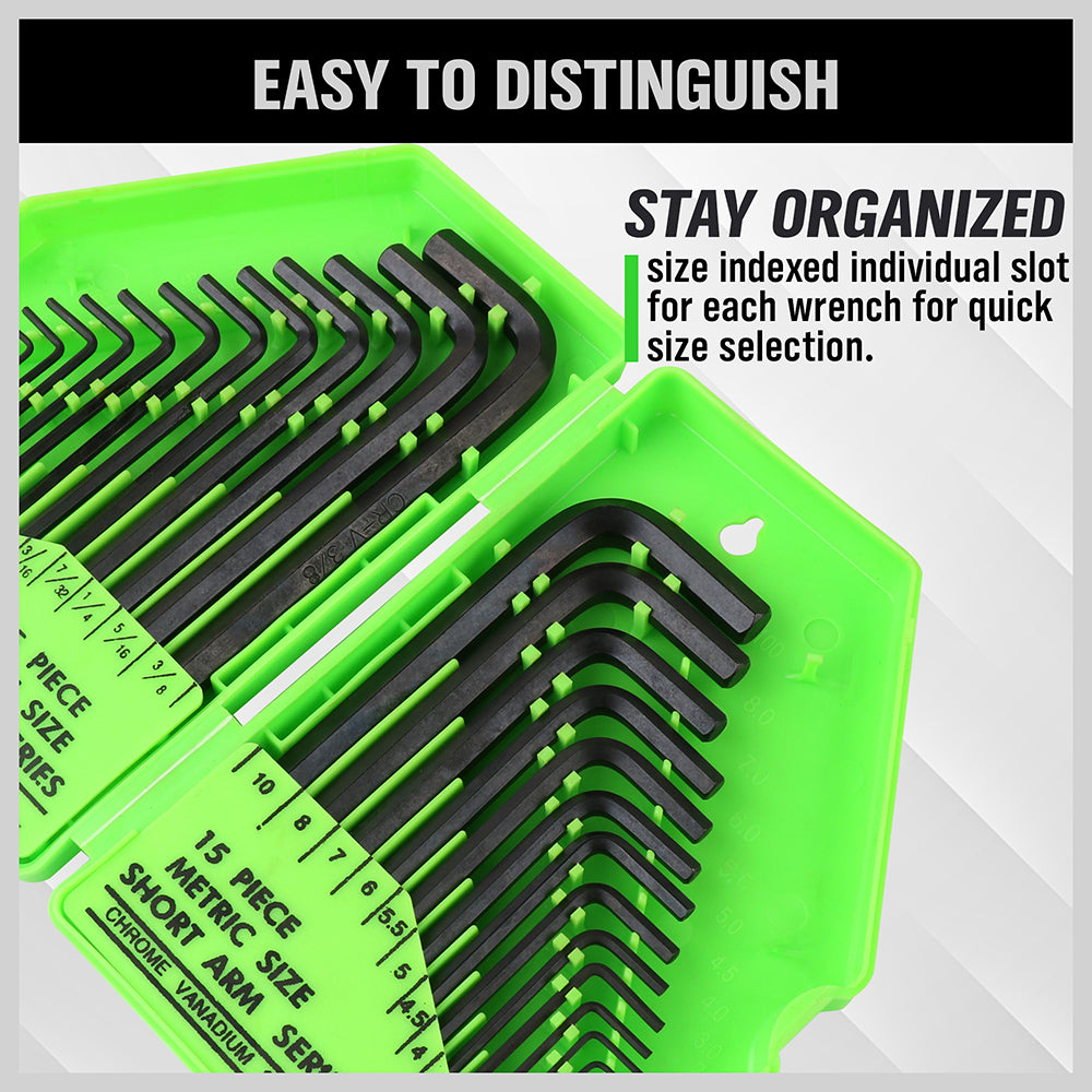 32-piece Allen key hex wrench set with SAE long arm and metric short arm hex keys, CR-V steel construction, extension handles and folding storage case