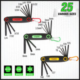 25-piece folding Allen wrench set with Metric, SAE and Torx folding key tools, CR-V steel blades, black oxide coating, carabiner hooks and portable fabric carry bag