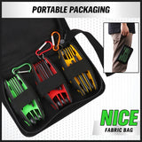 25-piece folding Allen wrench set with Metric, SAE and Torx folding key tools, CR-V steel blades, black oxide coating, carabiner hooks and portable fabric carry bag