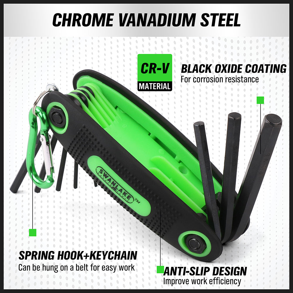 25-piece folding Allen wrench set with Metric, SAE and Torx folding key tools, CR-V steel blades, black oxide coating, carabiner hooks and portable fabric carry bag
