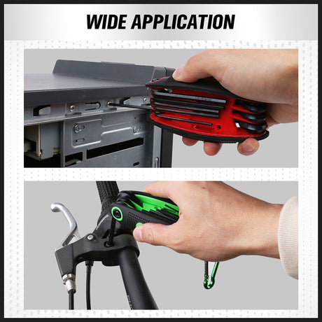 25-piece folding Allen wrench set with Metric, SAE and Torx folding key tools, CR-V steel blades, black oxide coating, carabiner hooks and portable fabric carry bag