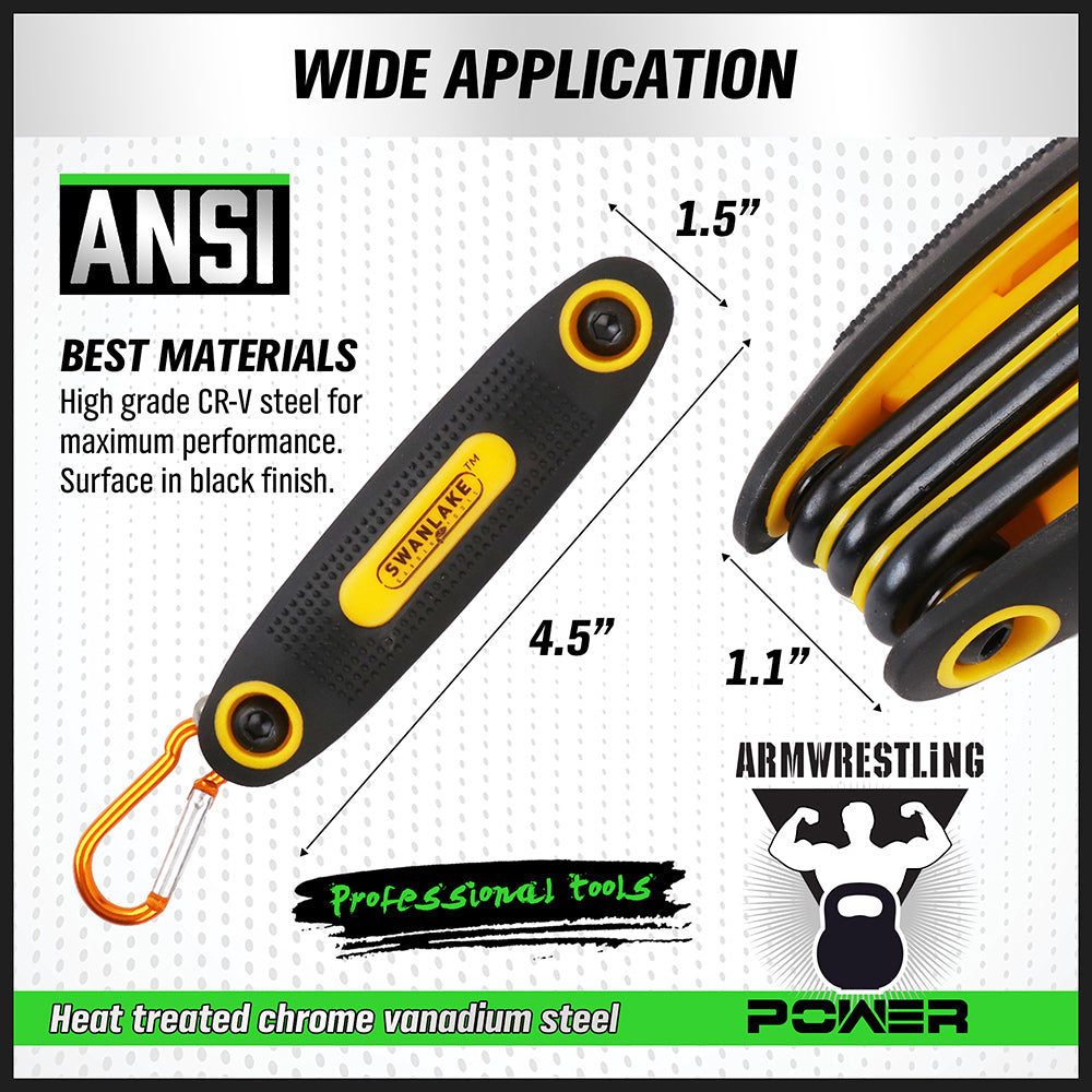 25-piece folding Allen wrench set with Metric, SAE and Torx folding key tools, CR-V steel blades, black oxide coating, carabiner hooks and portable fabric carry bag