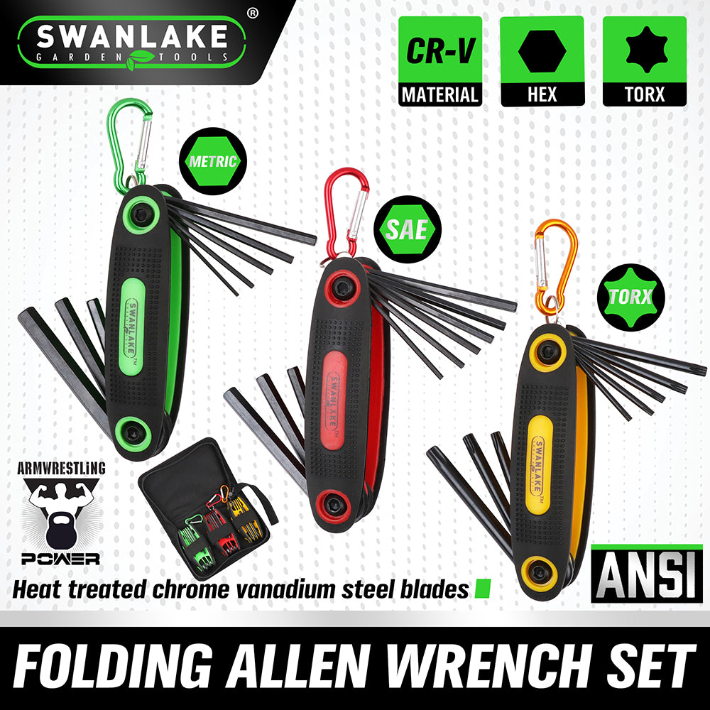 25-piece folding Allen wrench set with Metric, SAE and Torx folding key tools, CR-V steel blades, black oxide coating, carabiner hooks and portable fabric carry bag