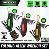25-piece folding Allen wrench set with Metric, SAE and Torx folding key tools, CR-V steel blades, black oxide coating, carabiner hooks and portable fabric carry bag
