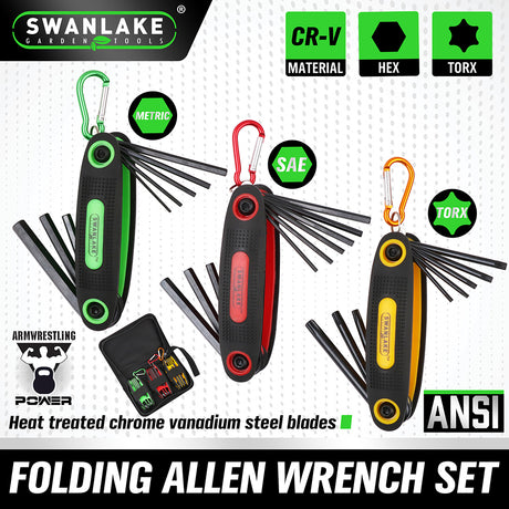 25-piece folding Allen wrench set with Metric, SAE and Torx folding key tools, CR-V steel blades, black oxide coating, carabiner hooks and portable fabric carry bag