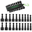 20-piece power nut driver bit set with SAE and metric CR-V steel sockets, 1/4 inch hex shank and storage holder with carabiner