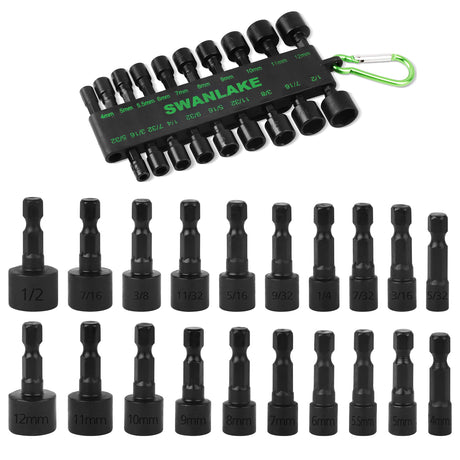 20-piece power nut driver bit set with SAE and metric CR-V steel sockets, 1/4 inch hex shank and storage holder with carabiner