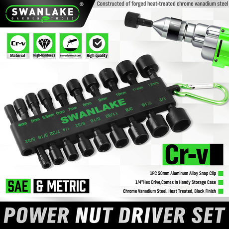 20-piece power nut driver bit set with SAE and metric CR-V steel sockets, 1/4 inch hex shank and storage holder with carabiner