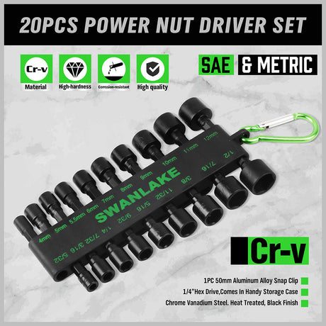 20-piece power nut driver bit set with SAE and metric CR-V steel sockets, 1/4 inch hex shank and storage holder with carabiner