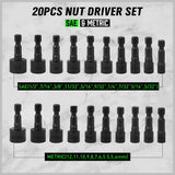 20-piece power nut driver bit set with SAE and metric CR-V steel sockets, 1/4 inch hex shank and storage holder with carabiner