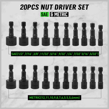 20-piece power nut driver bit set with SAE and metric CR-V steel sockets, 1/4 inch hex shank and storage holder with carabiner