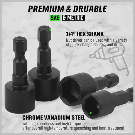 20-piece power nut driver bit set with SAE and metric CR-V steel sockets, 1/4 inch hex shank and storage holder with carabiner