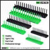 socket organizer tray set with color coded SAE and metric rails for 1/4 3/8 and 1/2 inch drive sockets