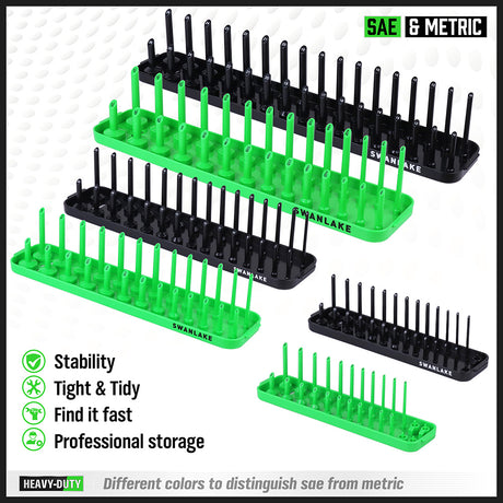 socket organizer tray set with color coded SAE and metric rails for 1/4 3/8 and 1/2 inch drive sockets