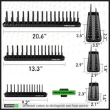 socket organizer tray set with color coded SAE and metric rails for 1/4 3/8 and 1/2 inch drive sockets