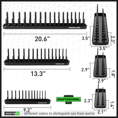 socket organizer tray set with color coded SAE and metric rails for 1/4 3/8 and 1/2 inch drive sockets