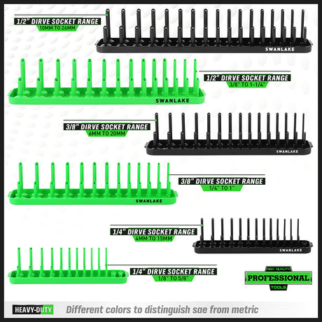 socket organizer tray set with color coded SAE and metric rails for 1/4 3/8 and 1/2 inch drive sockets