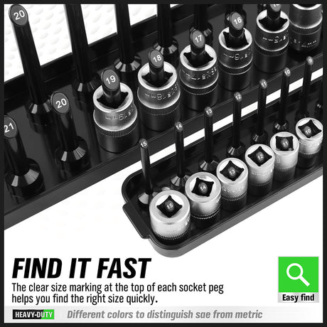 socket organizer tray set with color coded SAE and metric rails for 1/4 3/8 and 1/2 inch drive sockets