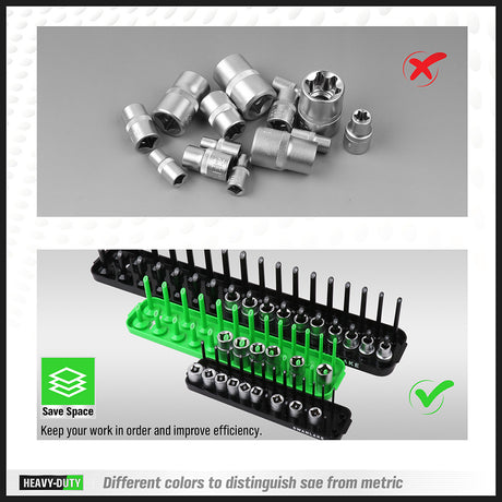 socket organizer tray set with color coded SAE and metric rails for 1/4 3/8 and 1/2 inch drive sockets