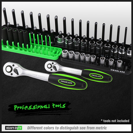 socket organizer tray set with color coded SAE and metric rails for 1/4 3/8 and 1/2 inch drive sockets