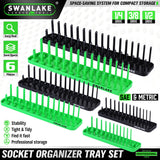 socket organizer tray set with color coded SAE and metric rails for 1/4 3/8 and 1/2 inch drive sockets