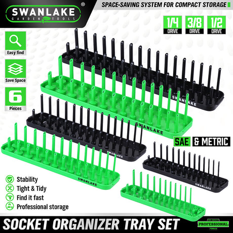 socket organizer tray set with color coded SAE and metric rails for 1/4 3/8 and 1/2 inch drive sockets