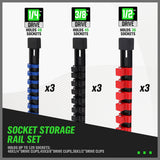 9-piece socket storage rail set with 1/4, 3/8 and 1/2 inch drive clips, ABS socket organizer rails for toolbox wall and workbench storage