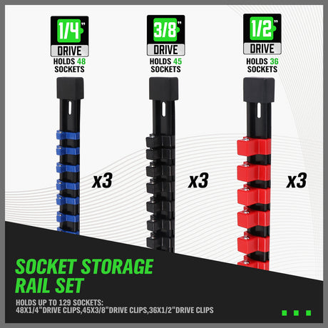 9-piece socket storage rail set with 1/4, 3/8 and 1/2 inch drive clips, ABS socket organizer rails for toolbox wall and workbench storage