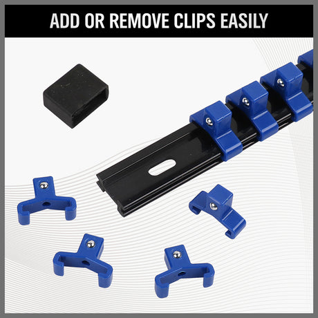 9-piece socket storage rail set with 1/4, 3/8 and 1/2 inch drive clips, ABS socket organizer rails for toolbox wall and workbench storage