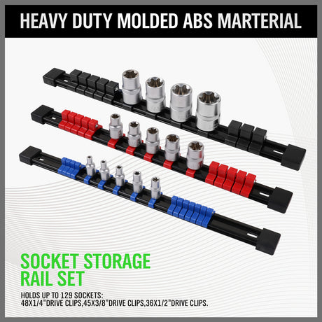 9-piece socket storage rail set with 1/4, 3/8 and 1/2 inch drive clips, ABS socket organizer rails for toolbox wall and workbench storage