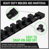9-piece socket storage rail set with 1/4, 3/8 and 1/2 inch drive clips, ABS socket organizer rails for toolbox wall and workbench storage