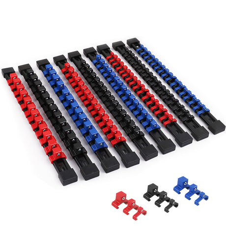 9-piece socket storage rail set with 1/4, 3/8 and 1/2 inch drive clips, ABS socket organizer rails for toolbox wall and workbench storage