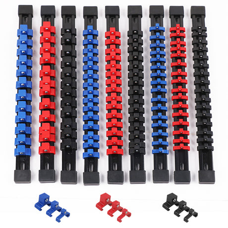 9-piece socket storage rail set with 1/4, 3/8 and 1/2 inch drive clips, ABS socket organizer rails for toolbox wall and workbench storage