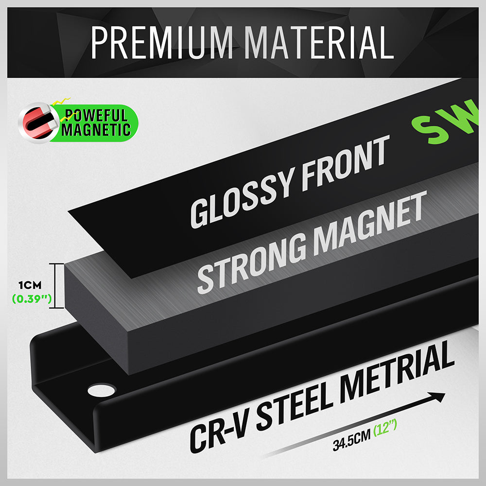 4-pack 12 inch magnetic tool holder strip set with strong magnetic bars, CR-V steel material, mounting brackets and screws for organizing screwdrivers, wrenches, pliers, knives and hand tools in garages, workshops, kitchens and tool sheds