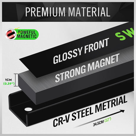4-pack 12 inch magnetic tool holder strip set with strong magnetic bars, CR-V steel material, mounting brackets and screws for organizing screwdrivers, wrenches, pliers, knives and hand tools in garages, workshops, kitchens and tool sheds