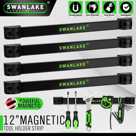 4-pack 12 inch magnetic tool holder strip set with strong magnetic bars, CR-V steel material, mounting brackets and screws for organizing screwdrivers, wrenches, pliers, knives and hand tools in garages, workshops, kitchens and tool sheds