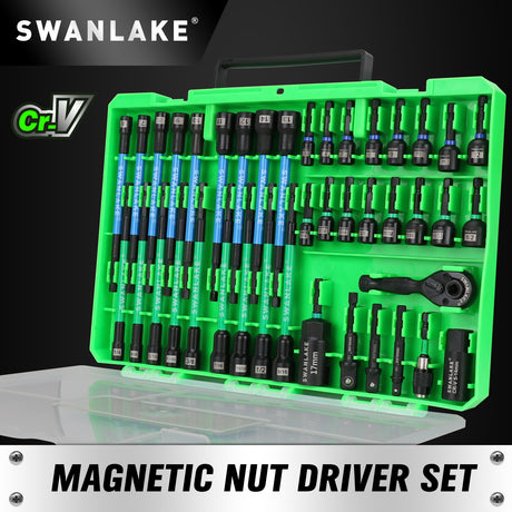 41-piece magnetic nut driver set with SAE and metric nut setters, 1/4 inch dual ratchet handle, universal socket, wing nut driver, bit holder and socket adapters