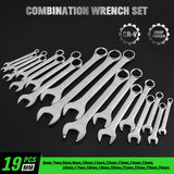 19-piece metric combination wrench set with CR-V steel spanners, 12-point box end design and roll-up storage pouch for automotive and mechanical repair