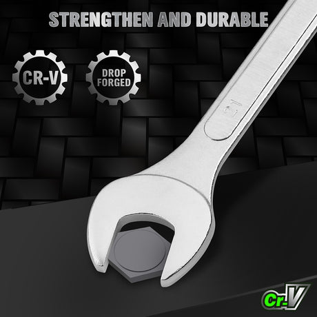 19-piece metric combination wrench set with CR-V steel spanners, 12-point box end design and roll-up storage pouch for automotive and mechanical repair