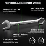19-piece metric combination wrench set with CR-V steel spanners, 12-point box end design and roll-up storage pouch for automotive and mechanical repair